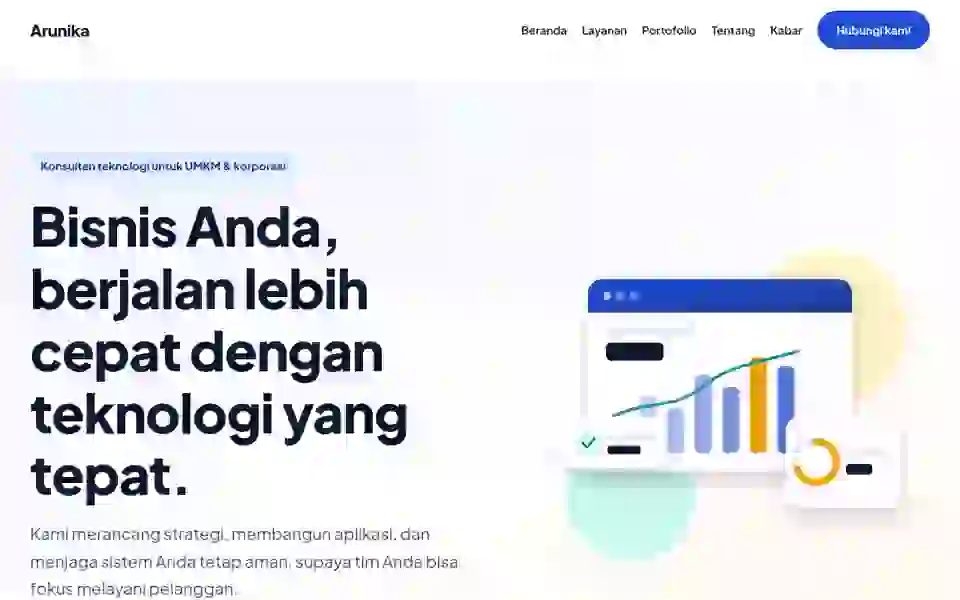 Tampilan desktop template Arunika: hero dengan judul besar dan ilustrasi dasbor